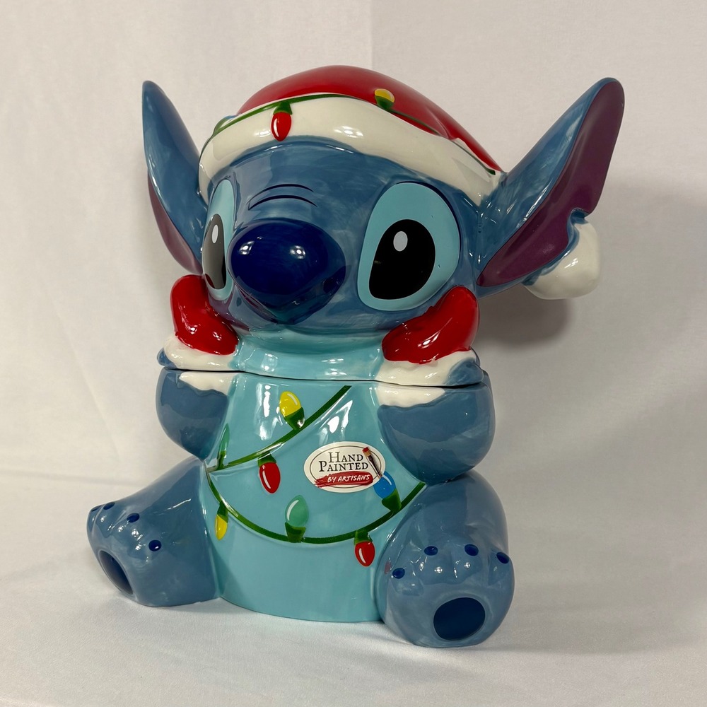Disney Stitch Christmas Cookie Jar Hand Painted Ceramic Santa Hat Lights - Picture 4 of 12